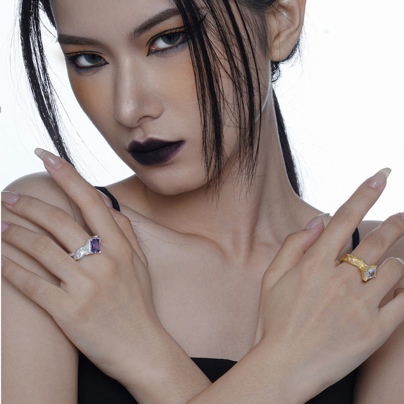 S925 Sterling Silver Inlaid Gemstone Open Texture Index Finger Ring