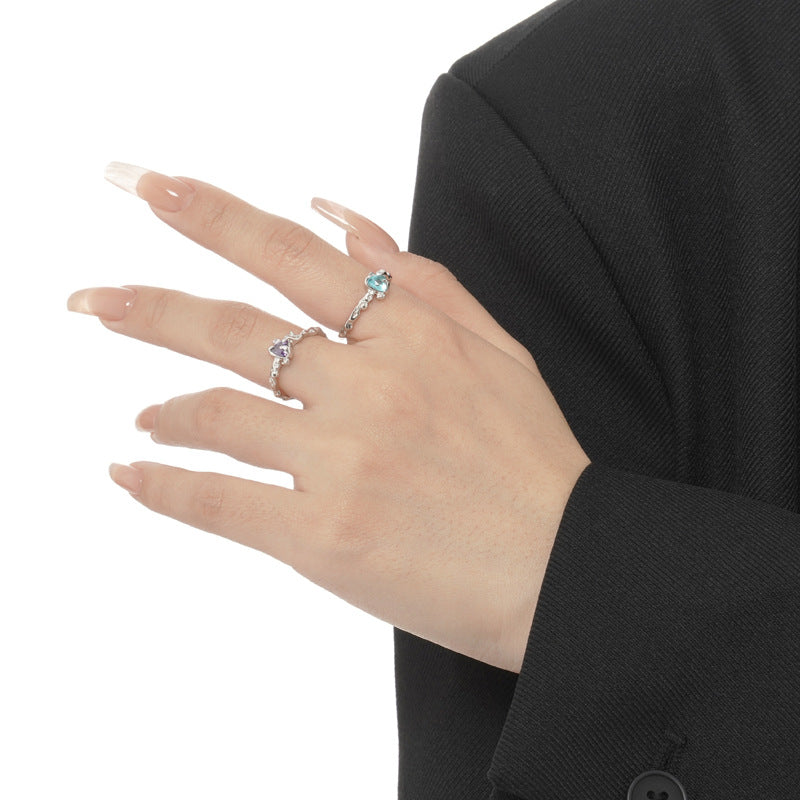 S925 Sterling Silver Textured Heart Ring Open Gemstone Thin Tail