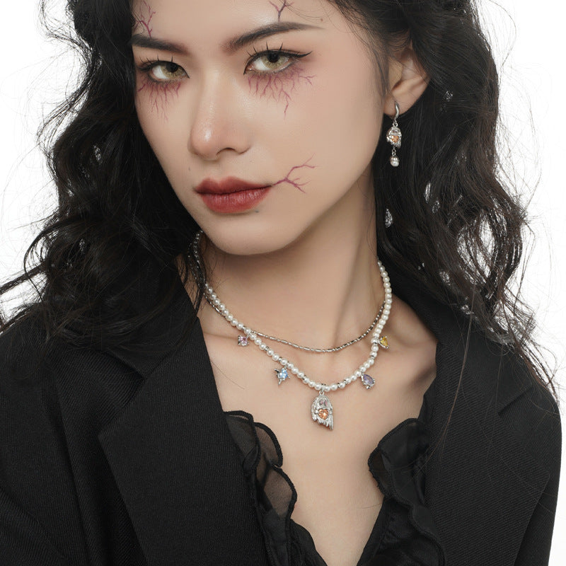 Colored Diamond Zircon Pearl Necklace S925 Sterling Silver Ghost Element
